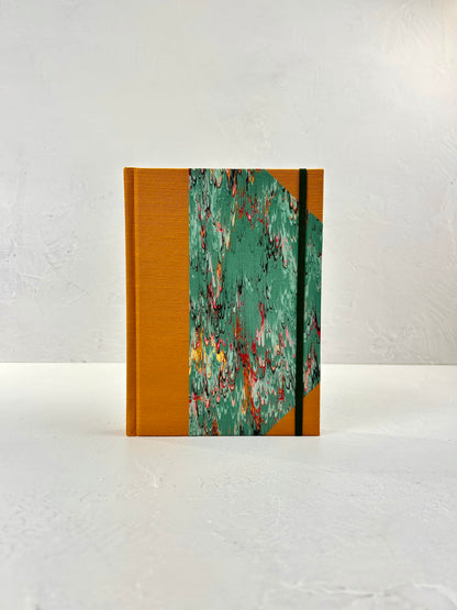 A5 160-page Hardcover Journal finished in Ochre Japanese book cloth and green French Marble Paper