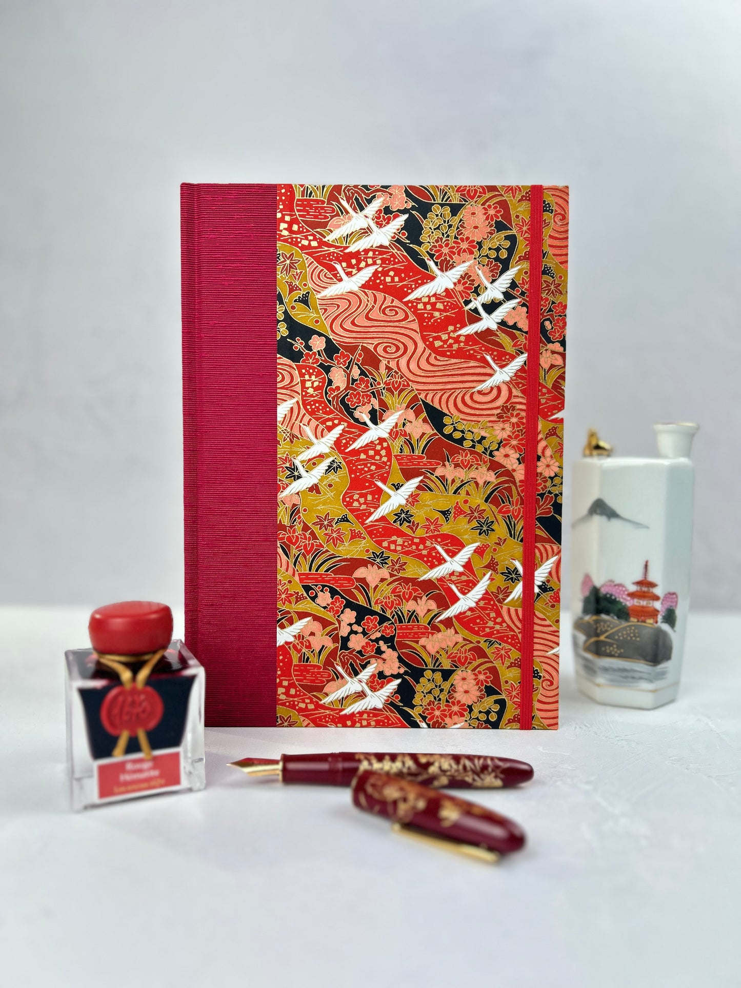 NEW B5 Hardcover Notebook finished in Cardinal Red Japanese book cloth and White Cranes on Red Chiyogami Paper