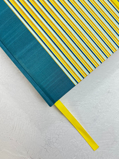 A5 160-page Hardcover Journal finished in Marine Blue Japanese book cloth and pinstripe Chiyogami Paper