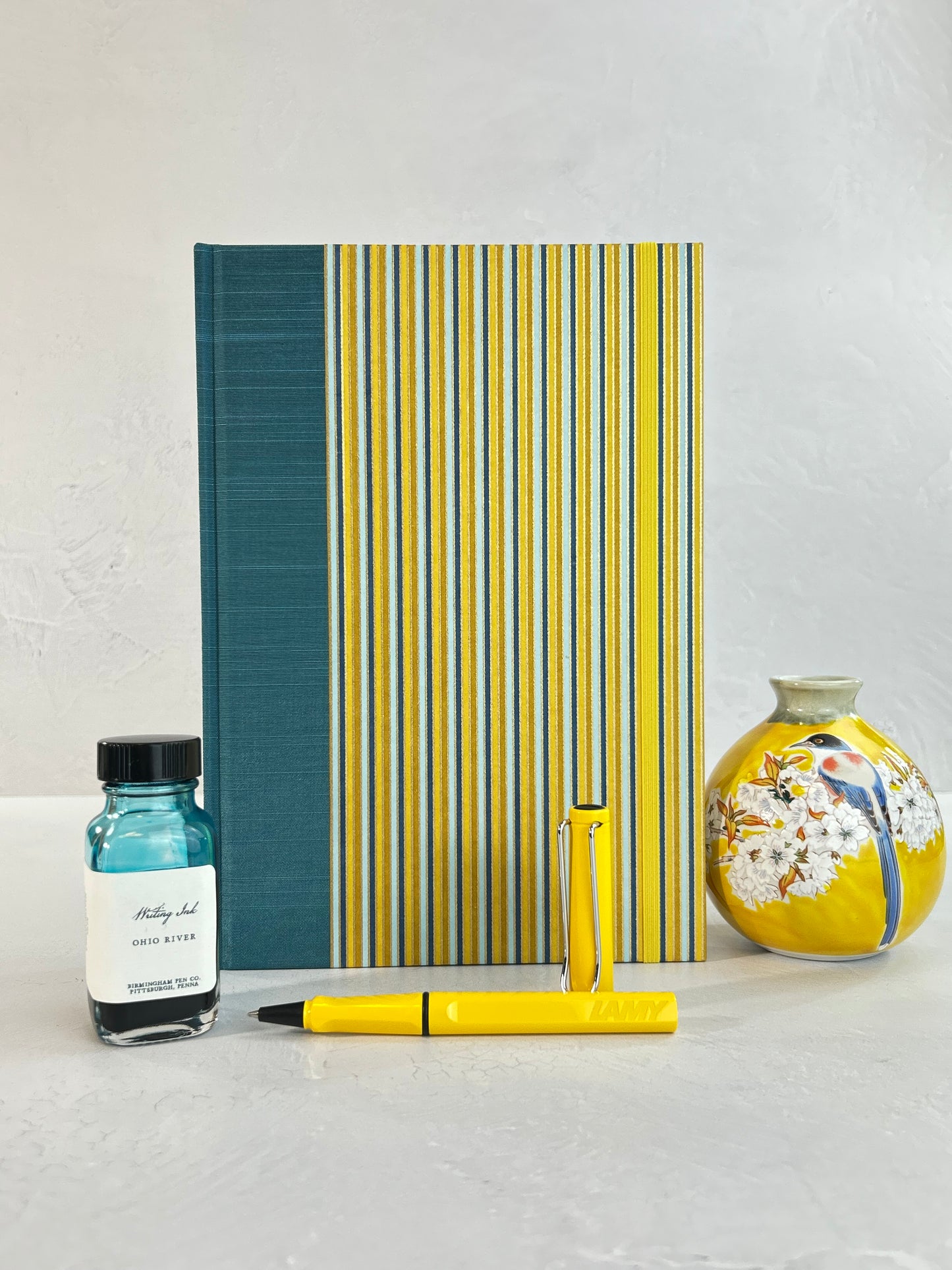 B5 192-page Hardcover Journal finished in Marine Blue Japanese book cloth and pinstripe Chiyogami Paper