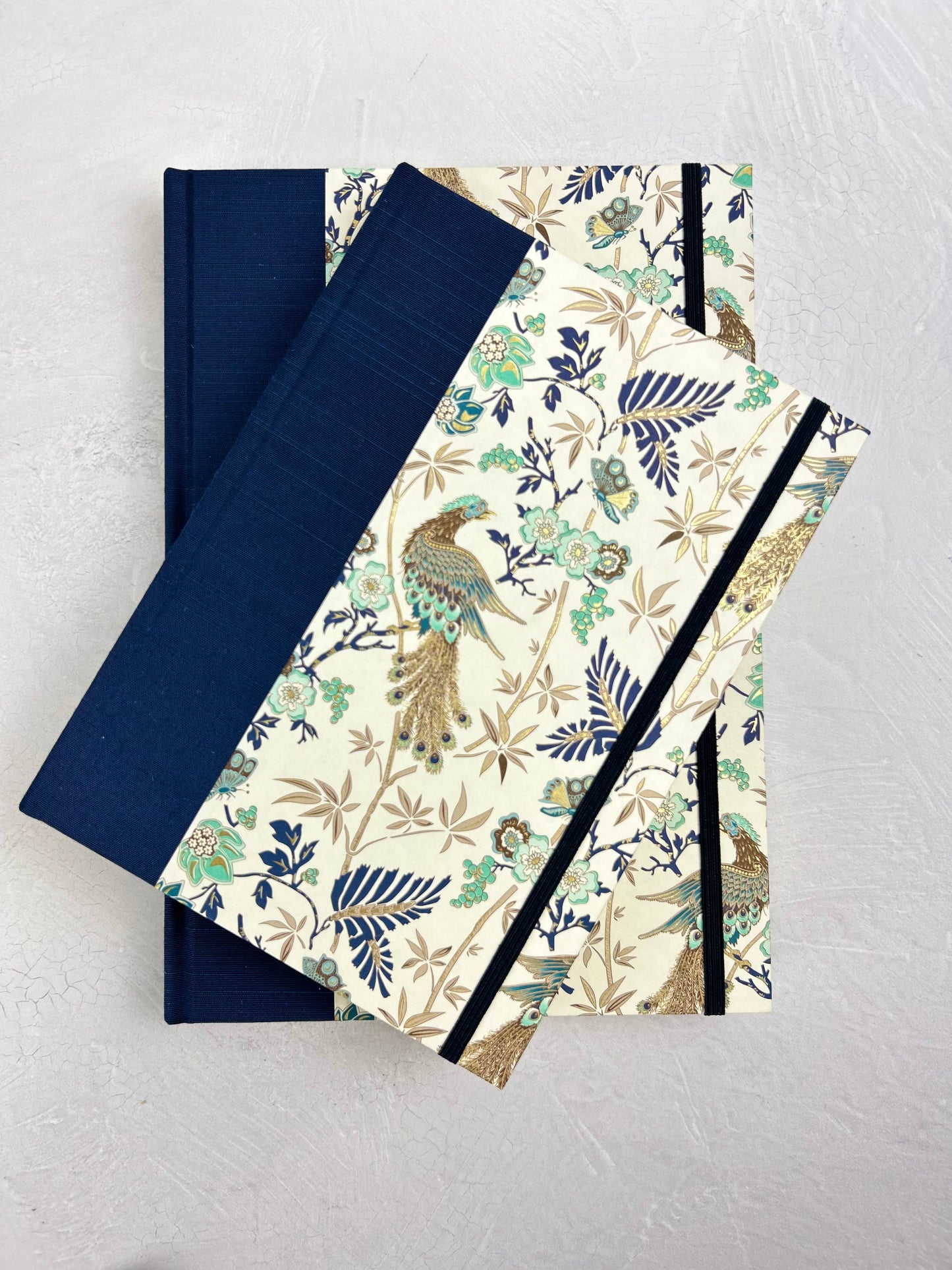 B5 Hardcover Notebook finished in Cadette Blue Japanese book cloth and Gold Peacock Italian Print