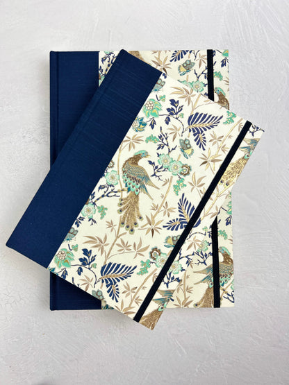 B5 Hardcover Notebook finished in Cadette Blue Japanese book cloth and Gold Peacock Italian Print