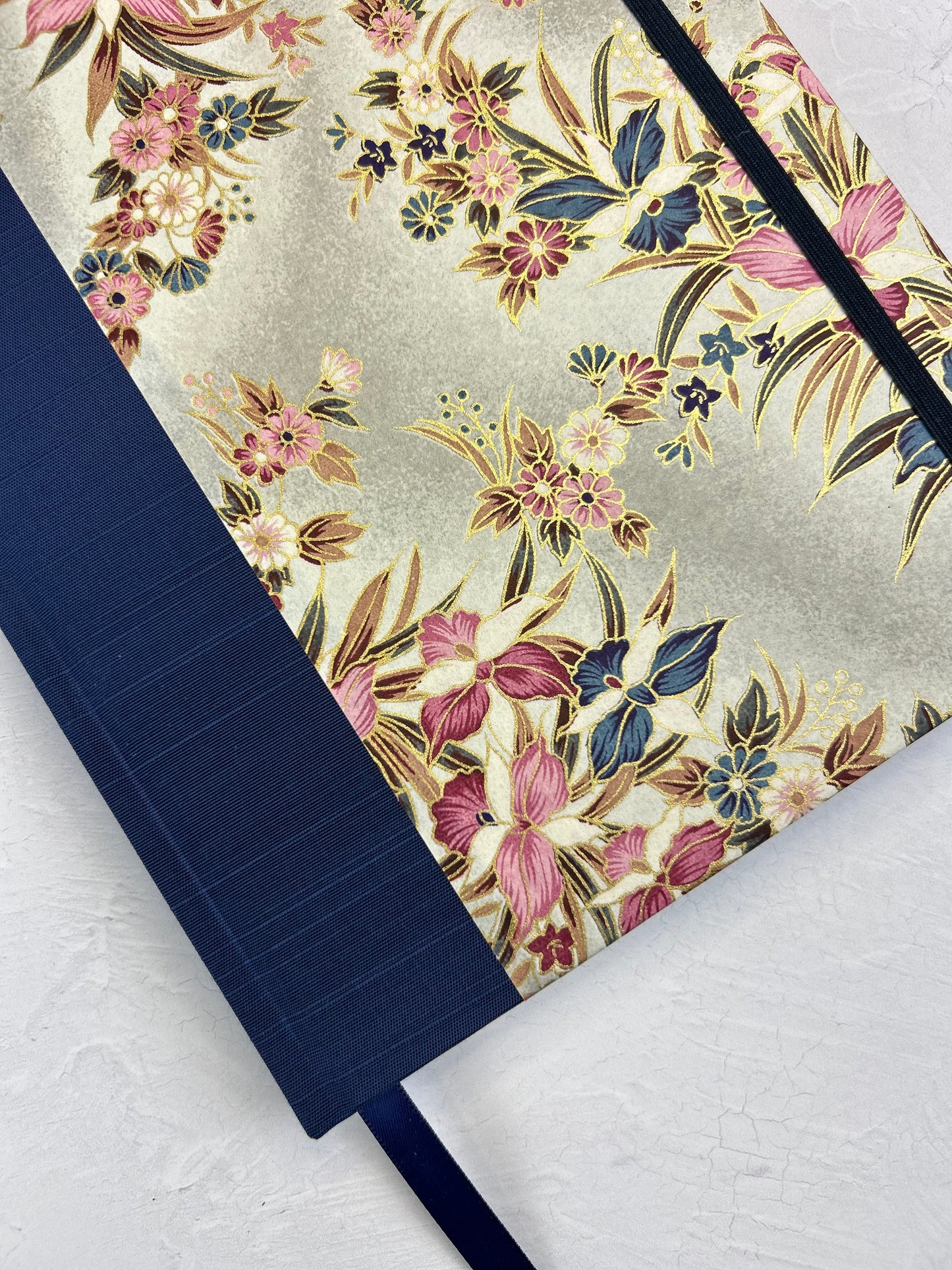 B5 192-page Hardcover Journal finished in Cadet Blue Japanese book cloth and Vintage Orchid Chiyogami Paper
