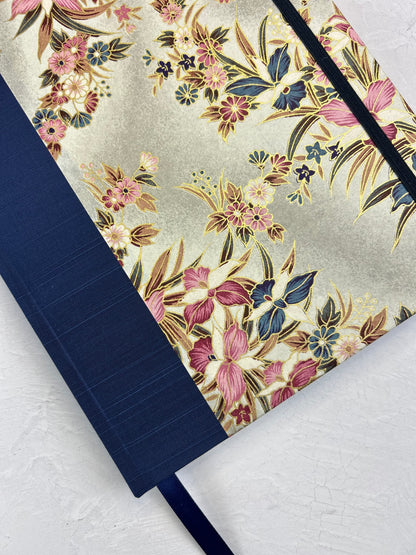 B5 192-page Hardcover Journal finished in Cadet Blue Japanese book cloth and Vintage Orchid Chiyogami Paper