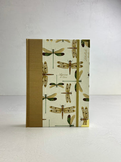 A5 160-page Hardcover Journal finished in Soft Gold Japanese book cloth and Dragonfly Florentine Italian Paper