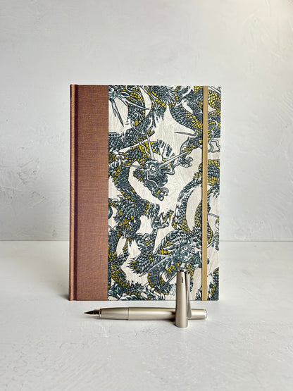 WABI-SABI B5 192-page Hardcover Journal finished in Bronze Japanese book cloth and Dragon Chiyogami Paper