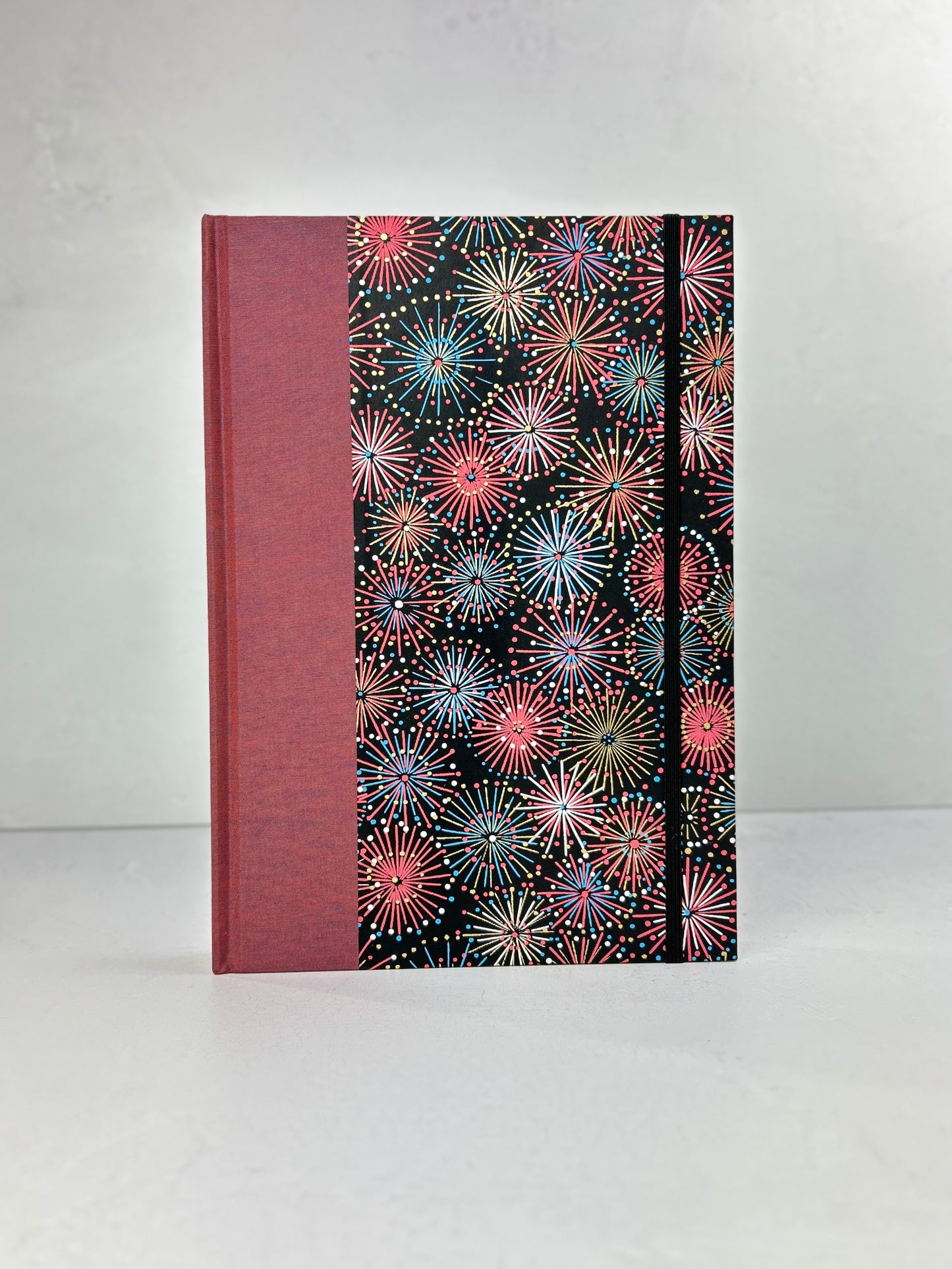 (JANUARY 2026 DELIVERY) B5 Hardcover Notebook finished in Rust Blue Japanese book cloth and Chiyogami Fireworks on Black