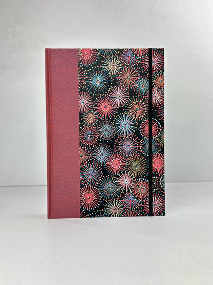 (JANUARY 2026 DELIVERY) B5 Hardcover Notebook finished in Rust Blue Japanese book cloth and Chiyogami Fireworks on Black