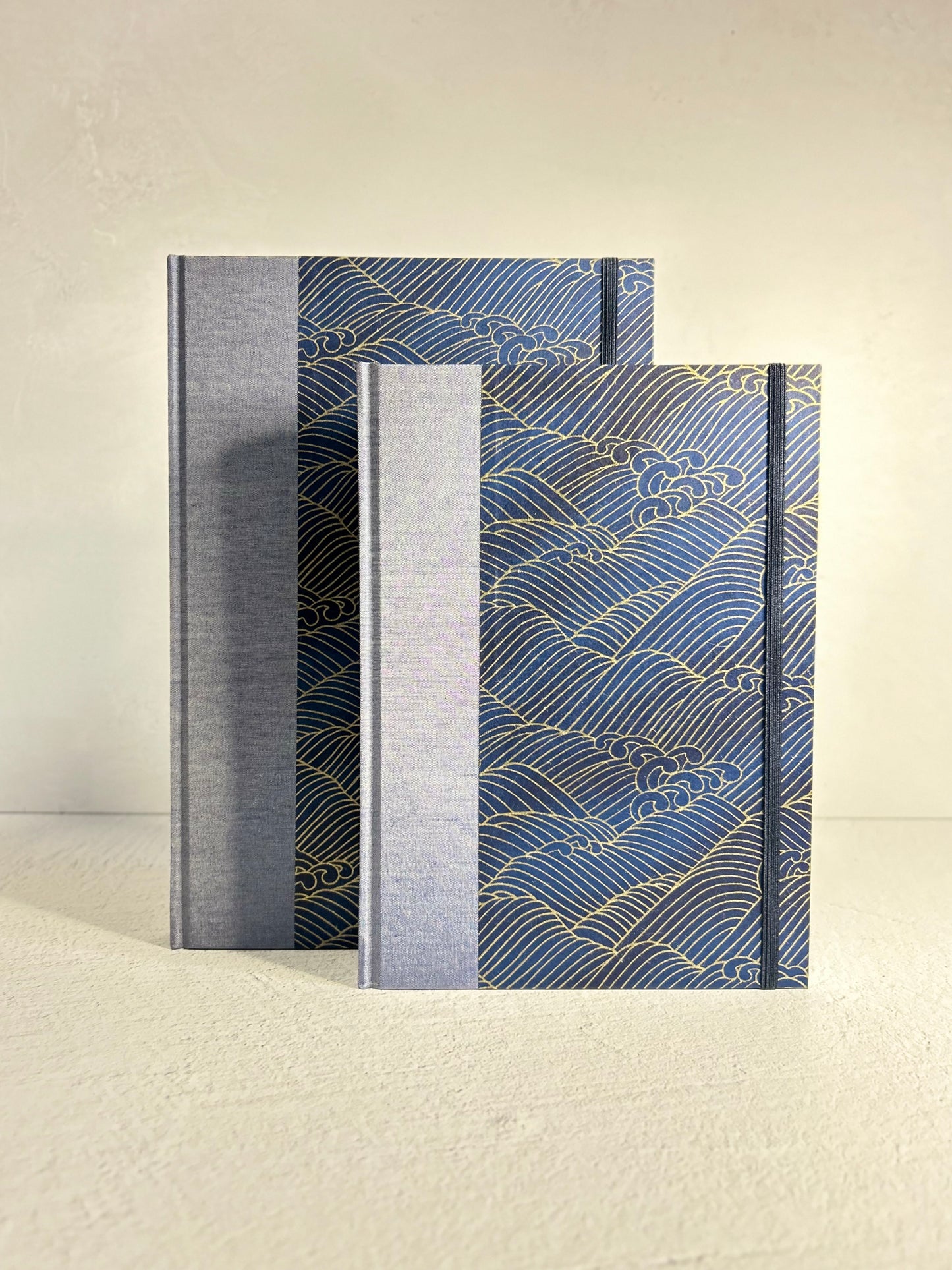 (PRE-ORDER October Delivery) A5 Hardcover Notebook finished in Golden Waves on Blue Chiyogami Paper