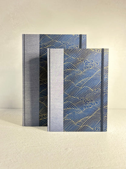 (PRE-ORDER October Delivery) A5 Hardcover Notebook finished in Golden Waves on Blue Chiyogami Paper