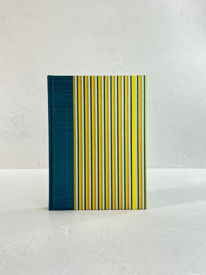 A5 160-page Hardcover Journal finished in Marine Blue Japanese book cloth and pinstripe Chiyogami Paper