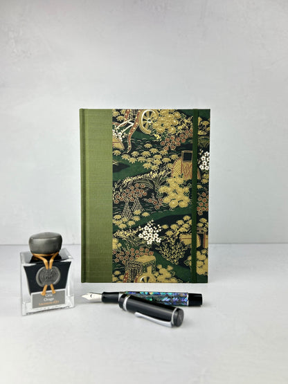 A5 Hardcover Notebook finished in Olive Green Japanese book cloth and Vintage Chiyogami Paper