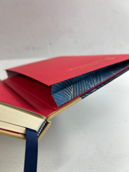 A5 160-page Hardcover Journal finished in soft gold Japanese book cloth and golden waves on blue Chiyogami Paper
