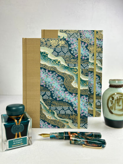 A5 160-page Hardcover Journal finished in Soft Gold Japanese book cloth and Floral Chiyogami Paper