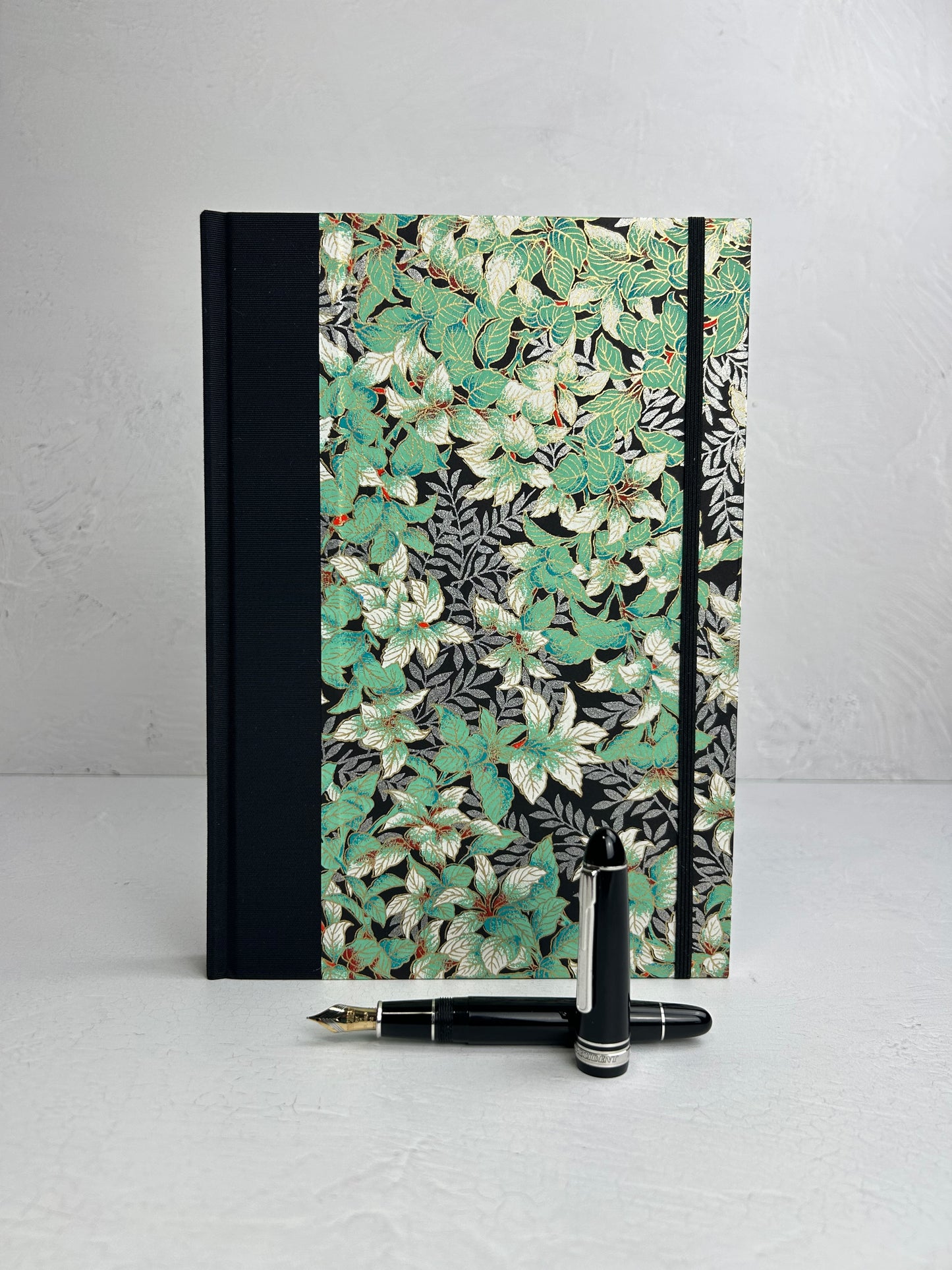 B5 192-page Hardcover Journal finished in black Japanese book cloth with green and silver botanical Chiyogami Paper
