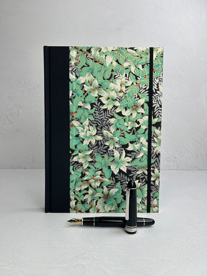 B5 192-page Hardcover Journal finished in black Japanese book cloth with green and silver botanical Chiyogami Paper
