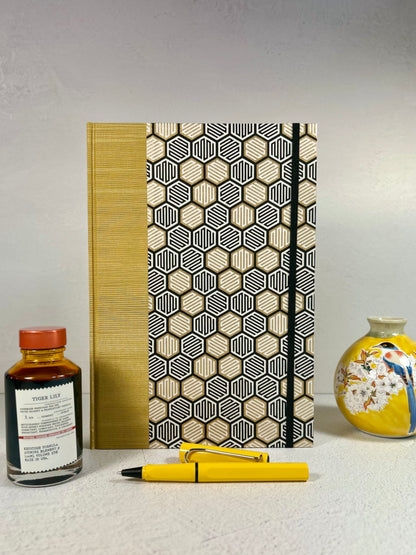 B5 Hardcover Notebook with Yellow and Black Honeycomb Chiyogami Japanese Paper