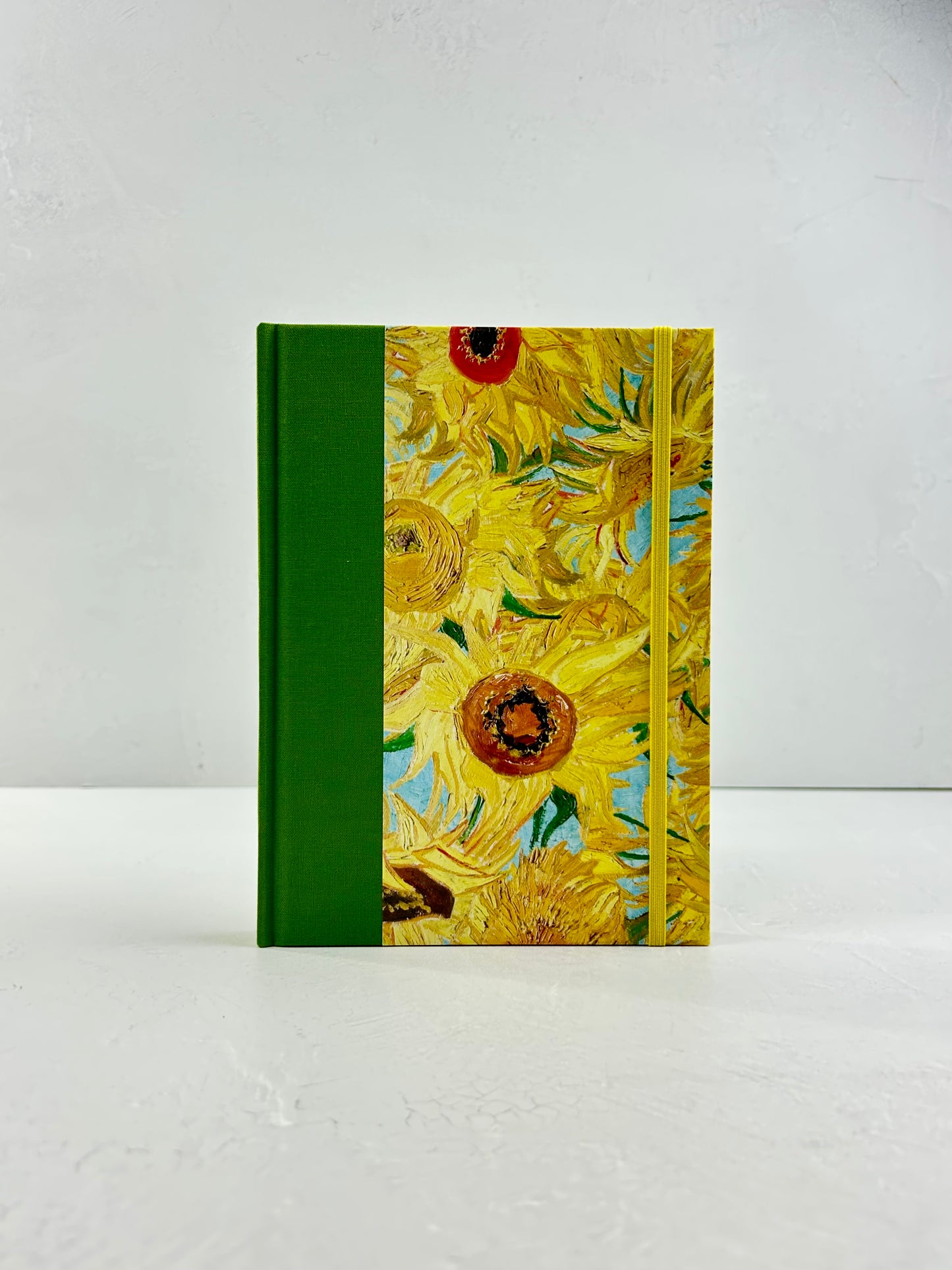 A5 160-page Hardcover Journal finished in Lemon Grass Green Verona book cloth and Sunflowers by Vincent Van Gogh