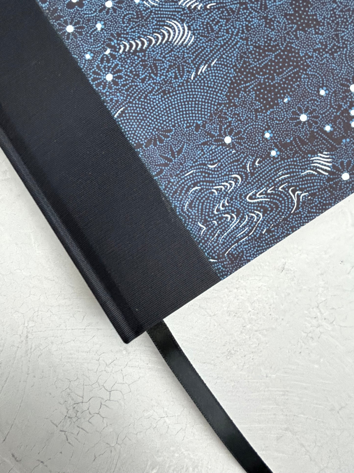 A5 160-page Hardcover Journal in finished Black Japanese book cloth and dark blue Chiyogami Paper