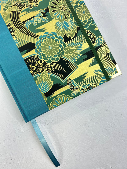 B5 Hardcover Notebook finished in Marine Blue Japanese book cloth and bold botanical Chiyogami Paper
