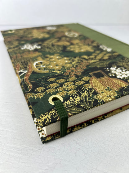 B5 Hardcover Notebook finished in Olive Green Japanese book cloth and Vintage Chiyogami Paper