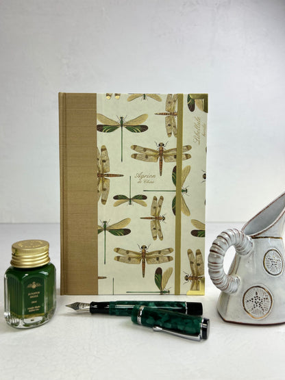 A5 160-page Hardcover Journal finished in Soft Gold Japanese book cloth and Dragonfly Florentine Italian Paper