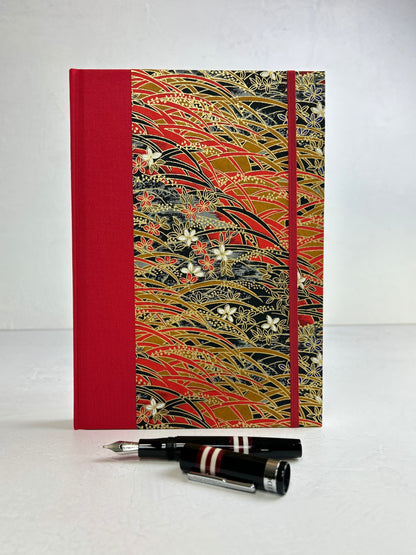 B5 192-page Hardcover Journal finished in Red Italian Verona book cloth and Vintage Floral Chiyogami Paper
