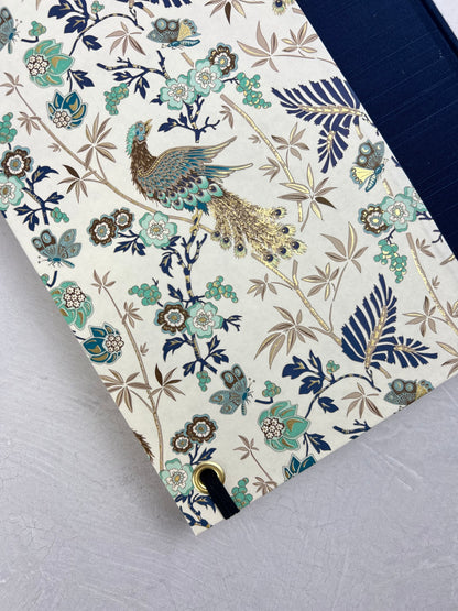 B5 Hardcover Notebook finished in Cadette Blue Japanese book cloth and Gold Peacock Italian Print