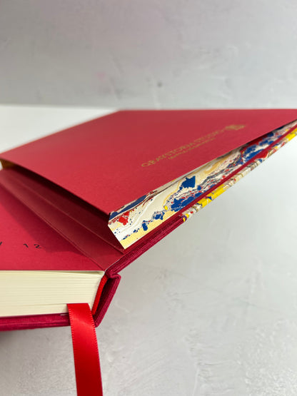 B5 192-page Hardcover Journal finished in Cardinal Red Japanese book cloth and Italian hand-marbled paper by Renato Crepaldi