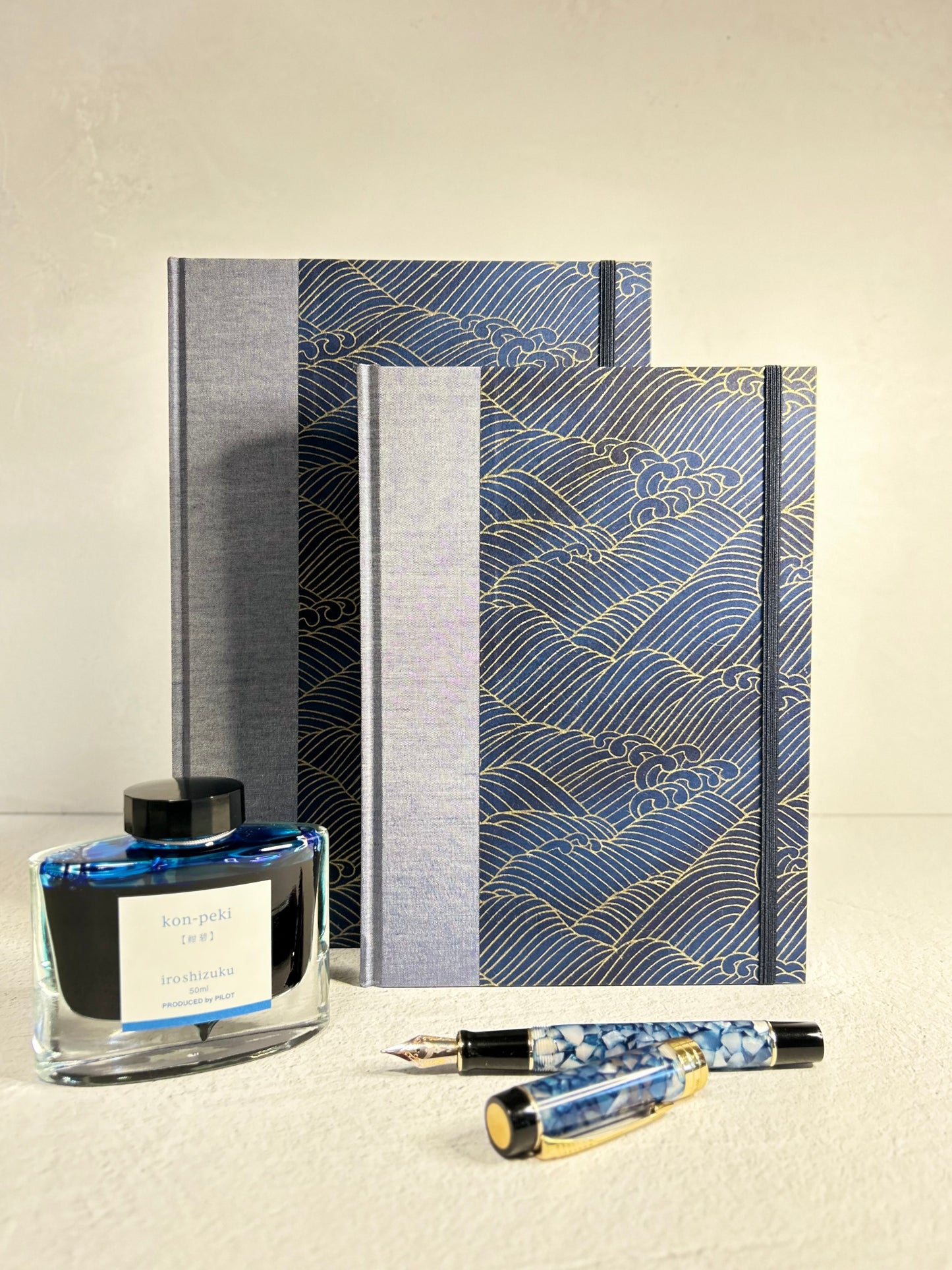 (PRE-ORDER October Delivery) A5 Hardcover Notebook finished in Golden Waves on Blue Chiyogami Paper