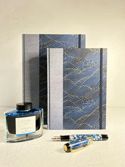 (PRE-ORDER October Delivery) A5 Hardcover Notebook finished in Golden Waves on Blue Chiyogami Paper