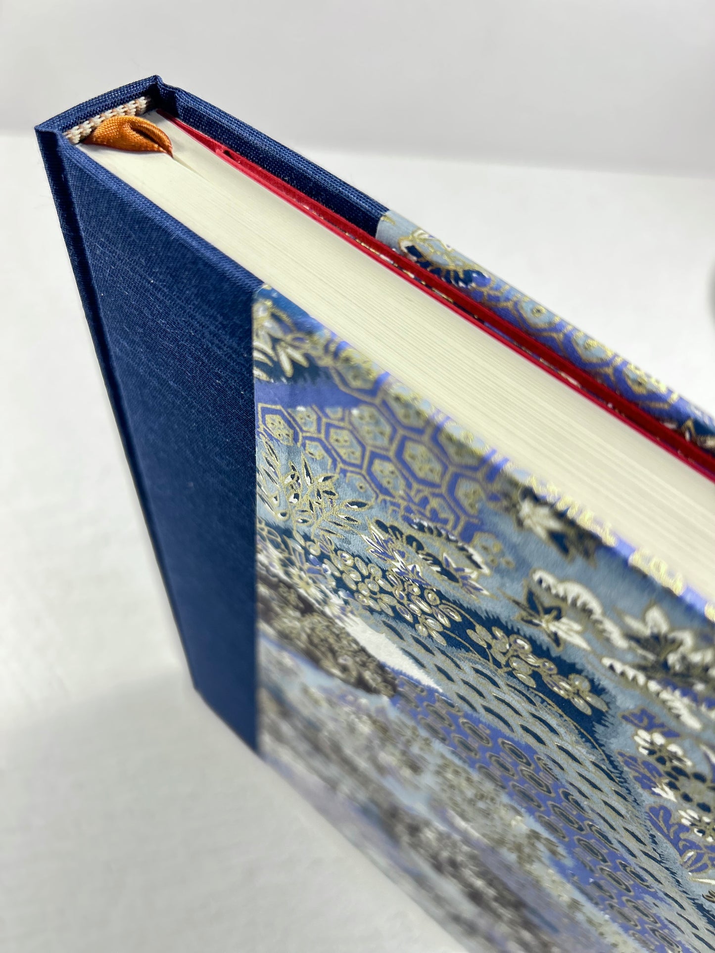 A5 Hardcover Notebook finished in Cadet Blue Japanese book cloth and vintage blue and purple Chiyogami decorative paper