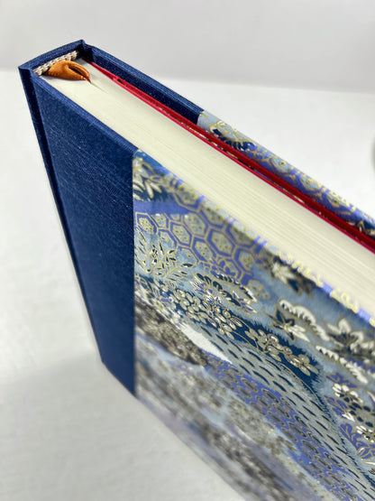 A5 Hardcover Notebook finished in Cadet Blue Japanese book cloth and vintage blue and purple Chiyogami decorative paper
