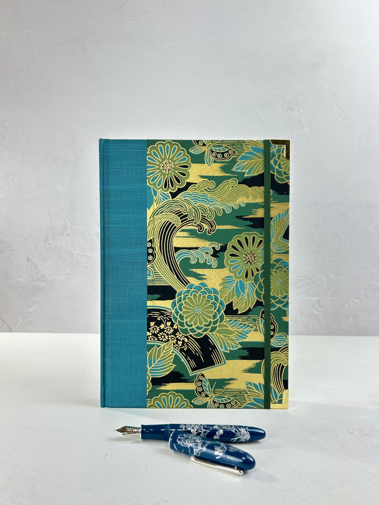 B5 Hardcover Notebook finished in Marine Blue Japanese book cloth and bold botanical Chiyogami Paper
