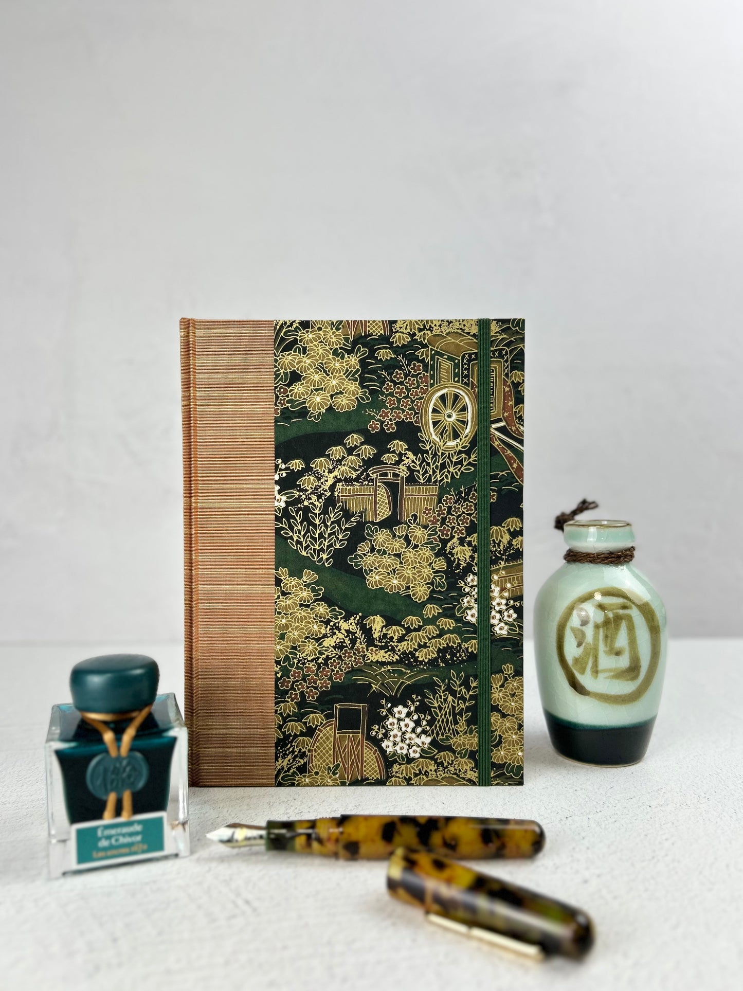 NEW A5 Hardcover Notebook finished in Bronze Japanese book cloth and Classic Green Gold Chiyogami Paper