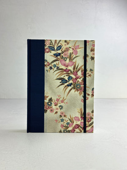 A5 160-page Hardcover Journal finished in Cadet Blue Japanese book cloth and Vintage Orchid Chiyogami Paper