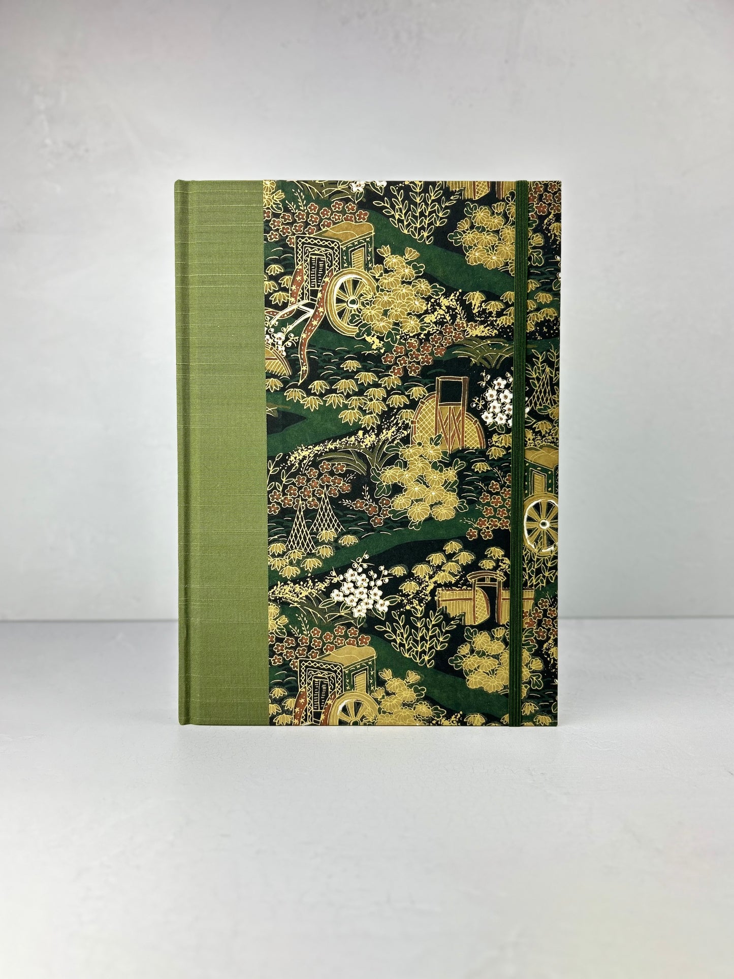 B5 Hardcover Notebook finished in Olive Green Japanese book cloth and Vintage Chiyogami Paper