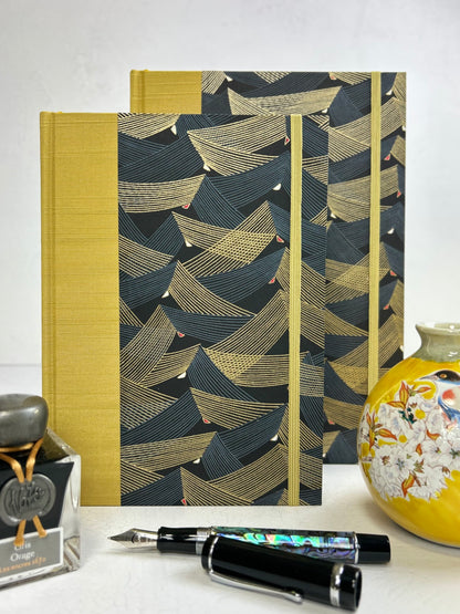 A5 160-page Hardcover Journal finished in Yellow Gold Japanese book cloth and Golden Peaks Chiyogami Decorative Paper