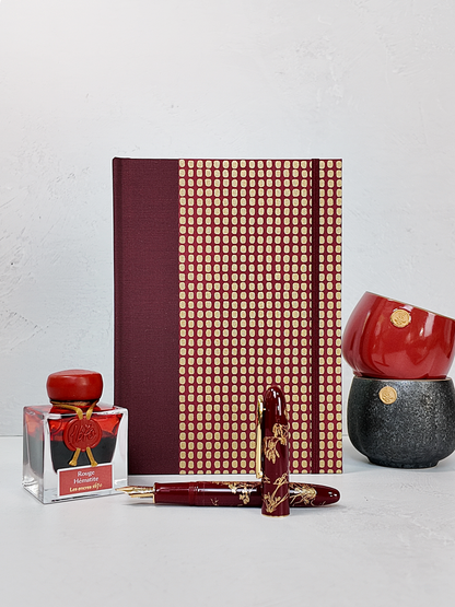 PRE-ORDER NEW A5 160-page Hardcover Journal finished in Maroon Japanese Book Cloth and Gold Dots in Maroon Chiyogami Paper