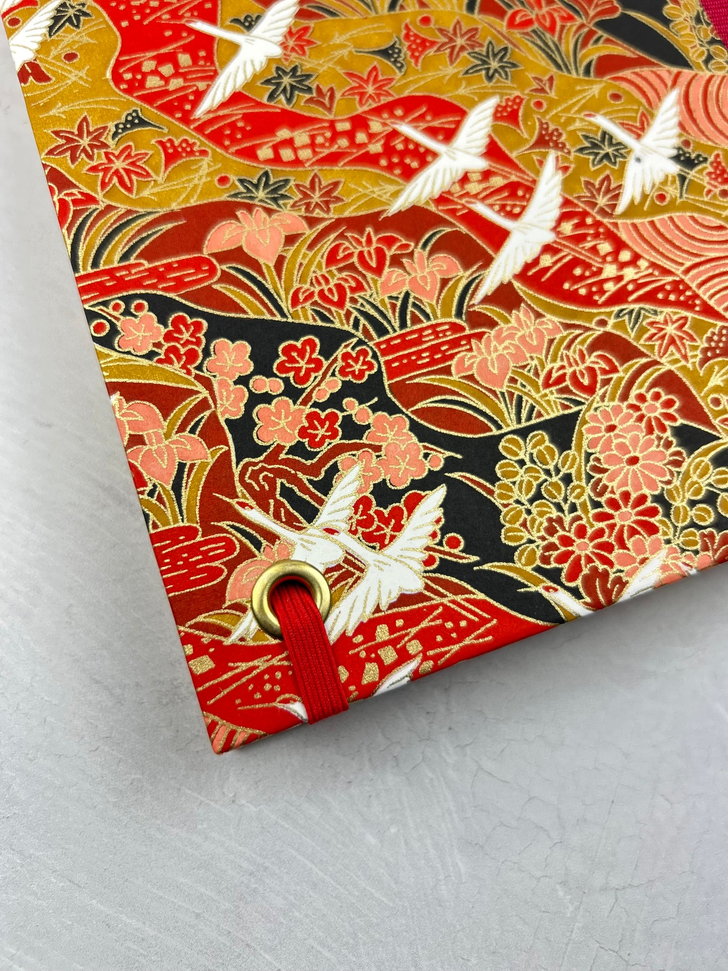 NEW B5 Hardcover Notebook finished in Cardinal Red Japanese book cloth and White Cranes on Red Chiyogami Paper