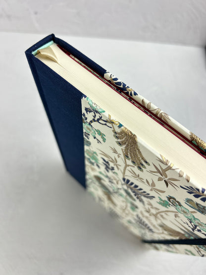 B5 Hardcover Notebook finished in Cadette Blue Japanese book cloth and Gold Peacock Italian Print