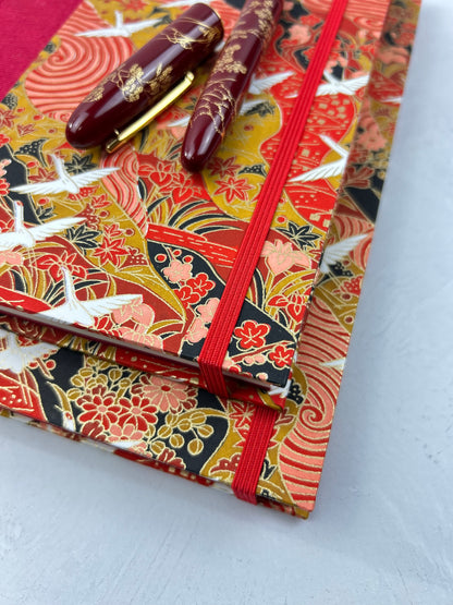 NEW B5 Hardcover Notebook finished in Cardinal Red Japanese book cloth and White Cranes on Red Chiyogami Paper