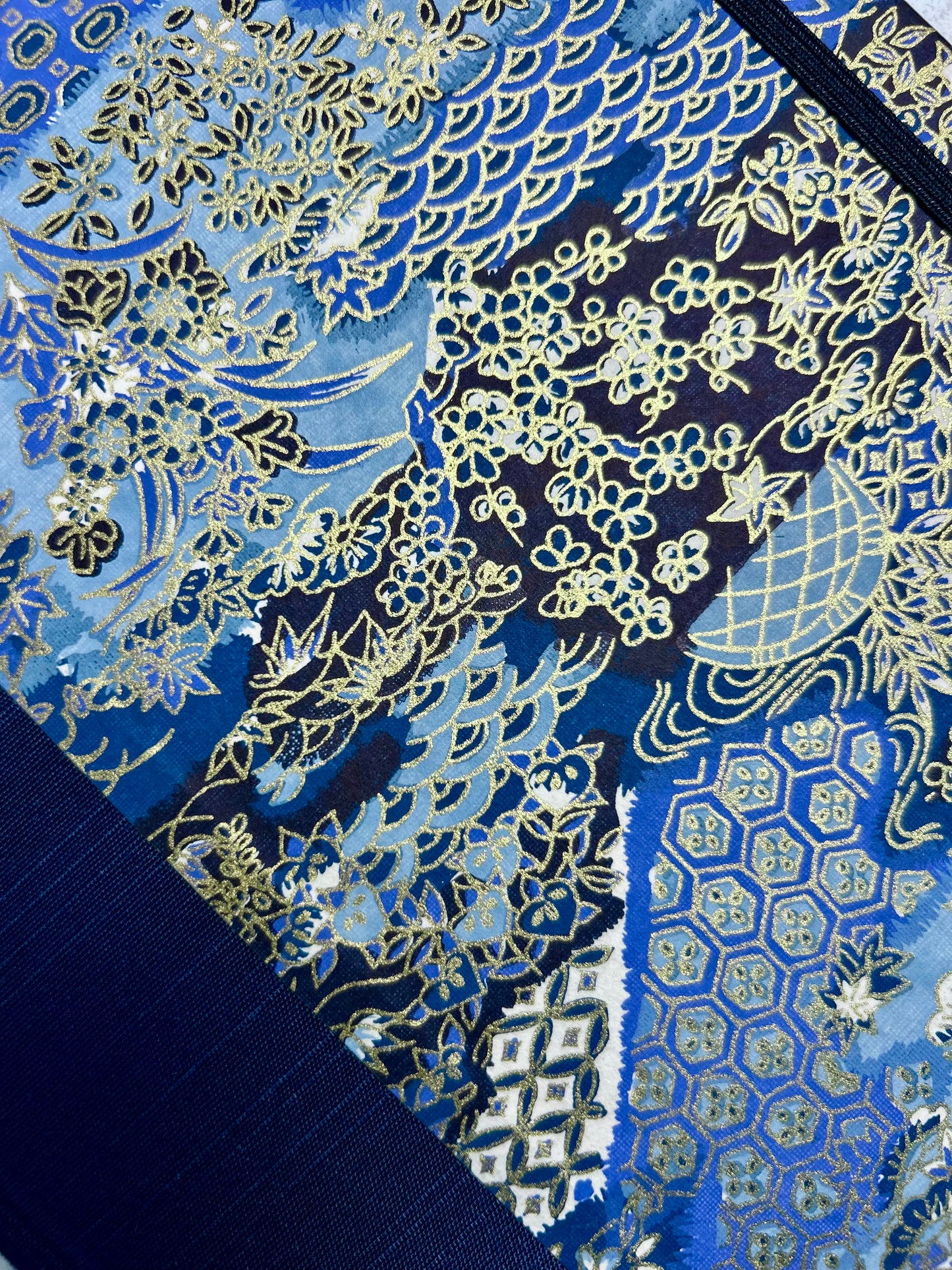 A5 Hardcover Notebook finished in Cadet Blue Japanese book cloth and vintage blue and purple Chiyogami decorative paper