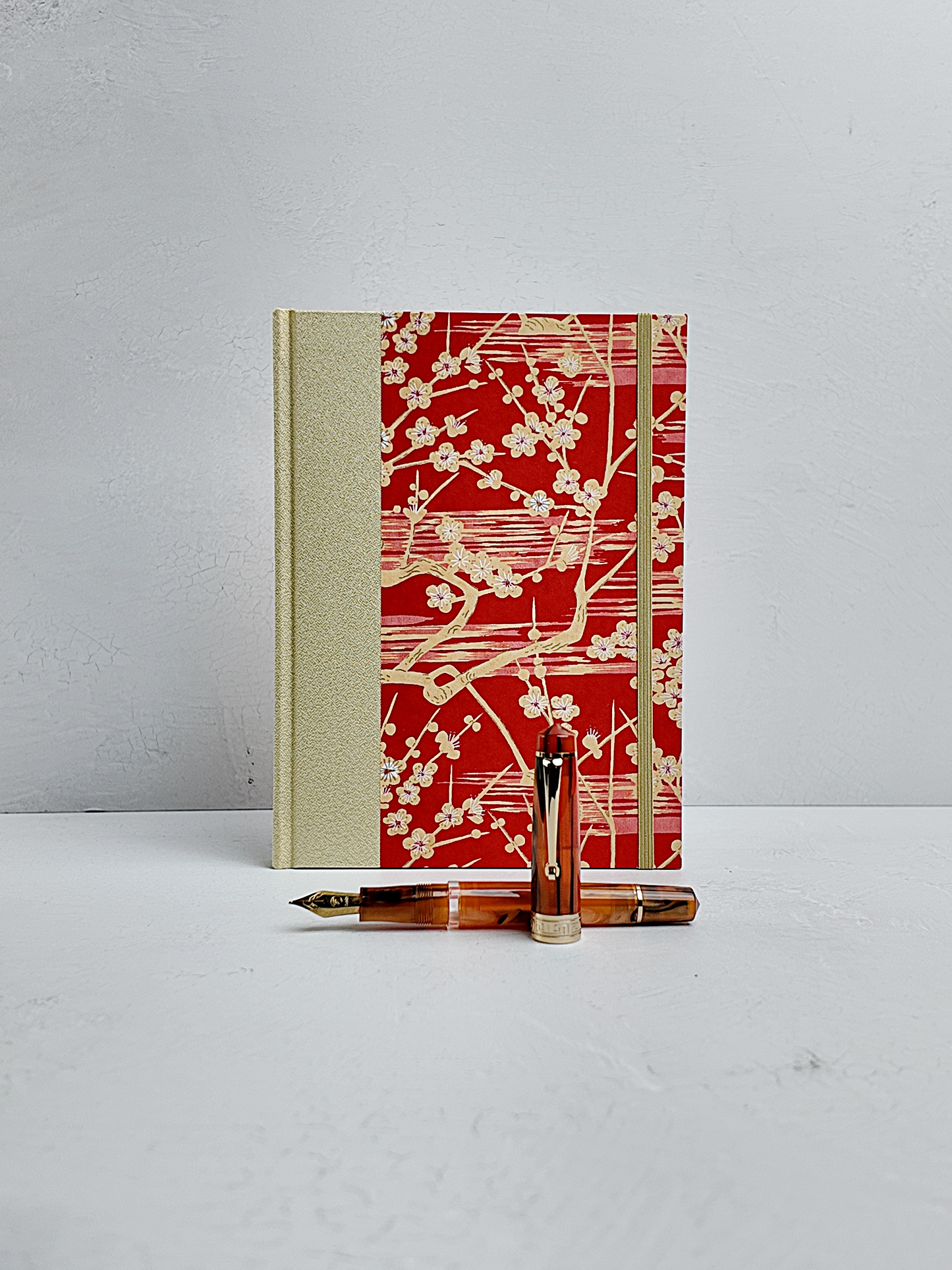 A5 160-page Hardcover Journal finished in Butter-Yellow Japanese Bookcloth and Red/Orange Chiyogami Paper
