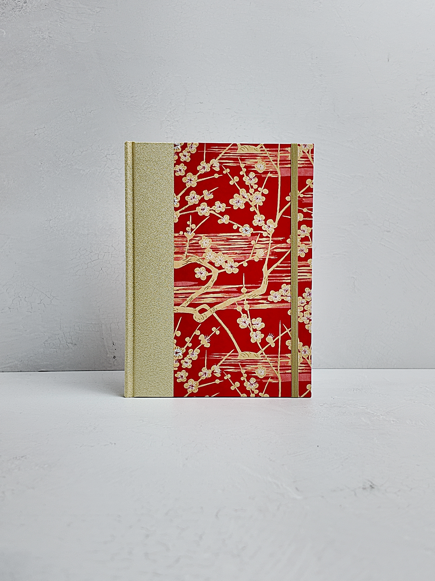 A5 160-page Hardcover Journal finished in Butter-Yellow Japanese Bookcloth and Red/Orange Chiyogami Paper