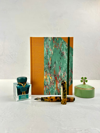 A5 160-page Hardcover Journal finished in Ochre Japanese book cloth and green French Marble Paper