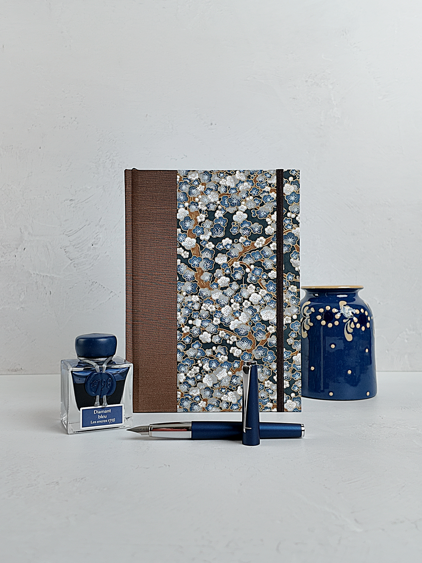 NEW A5 160-page Hardcover Journal finished in brown Japanese book cloth with indigo and gold Cherry Blossom Chiyogami paper