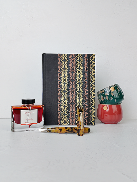 NEW A5 160-page Hardcover Journal finished in Black Japanese book cloth and Vintage Katazome-shi Paper in Gold and Bronze