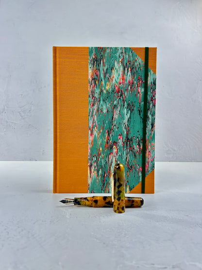 B5 192-page Hardcover Journal finished in Ochre Japanese book cloth and green French Marble Paper