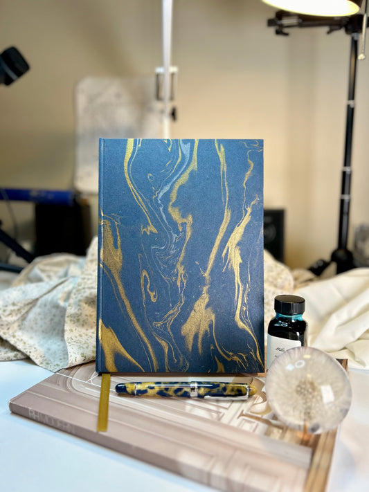 Indian Marble of Gold and Silver on Blue Handcrafted B5 Hardcover Notebook